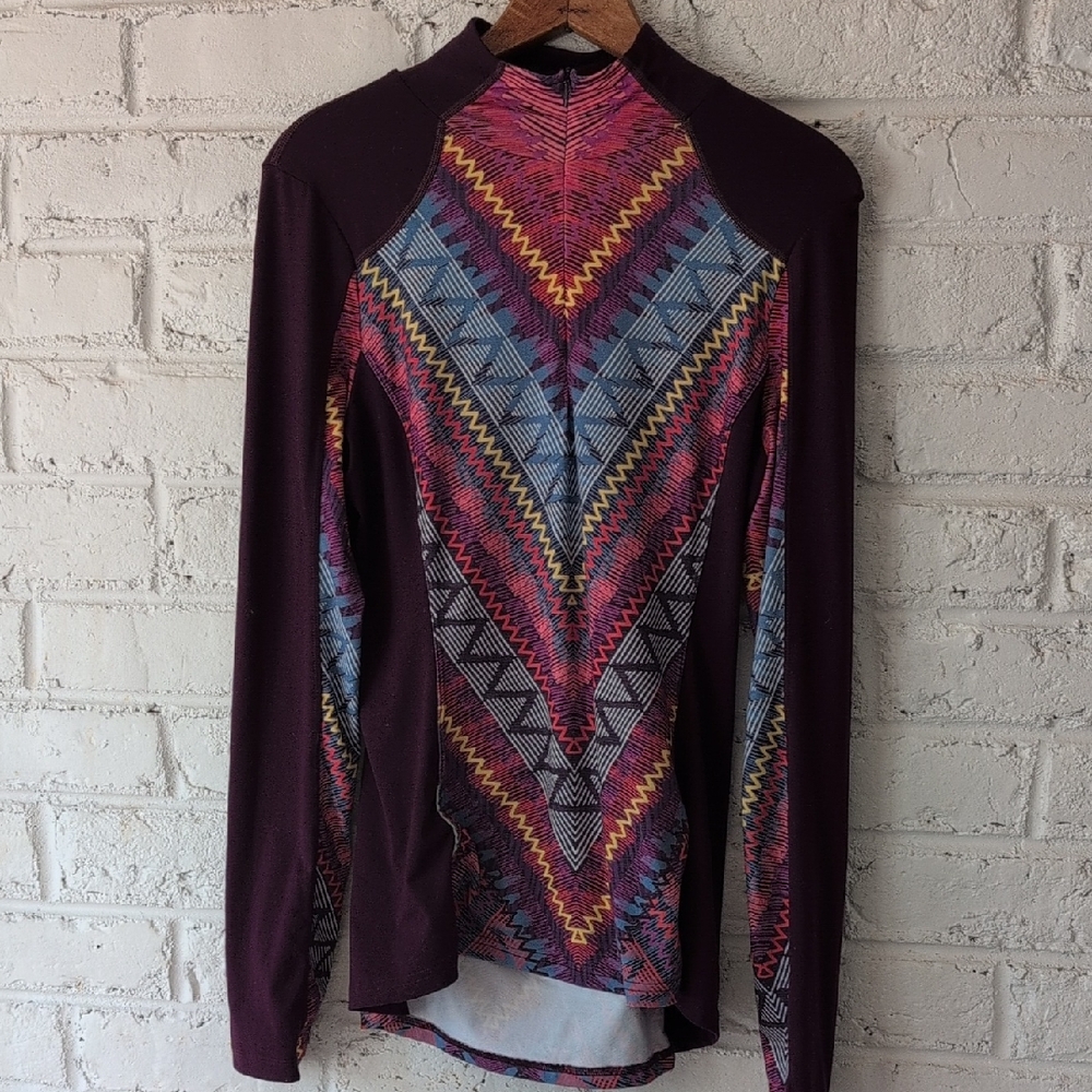 Prana Plum Athletic Zip Pullover with Multicolor Chevron Print
